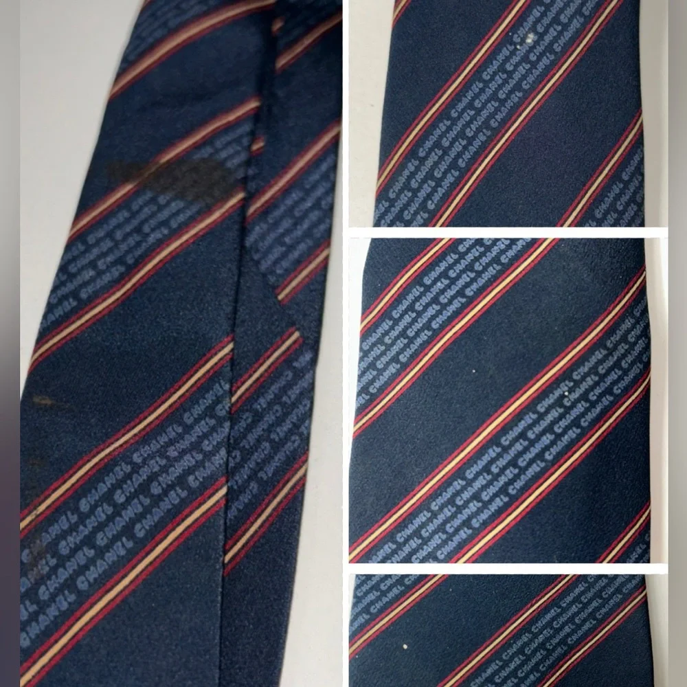 Chanel Navy Blue & Red Striped Men's Silk Neck Tie - Picture 9 of 9
